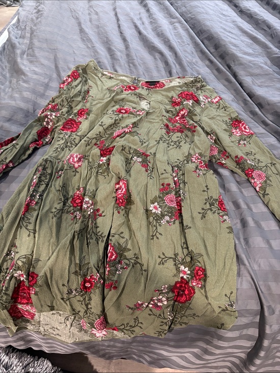 torrid Tops - torrid Olive Green Floral Long-Sleeve Blouse with Red & Pink Blooms